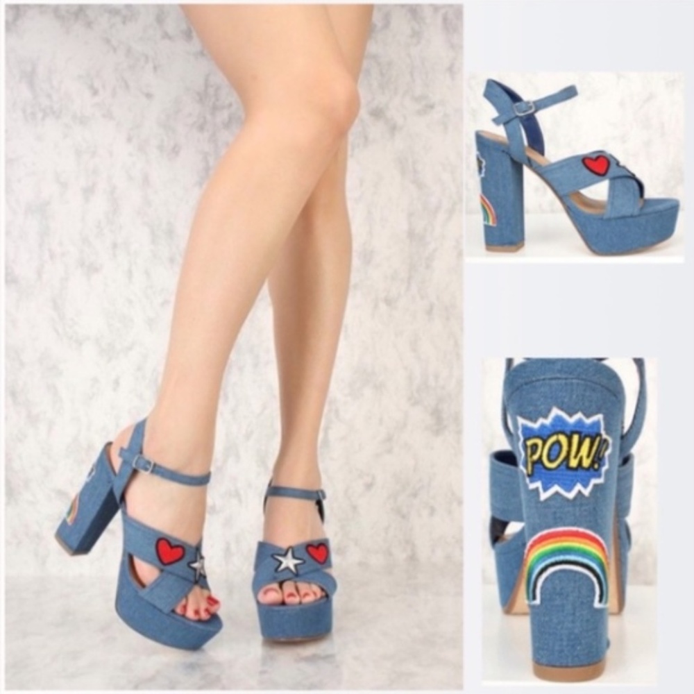 70s Inspired Denim Graphic Platform Heels